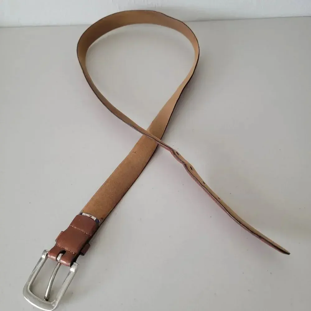 Genuine Leather Belt Natural Brown Mens Size 38 with Silver Buckle Classic Style
